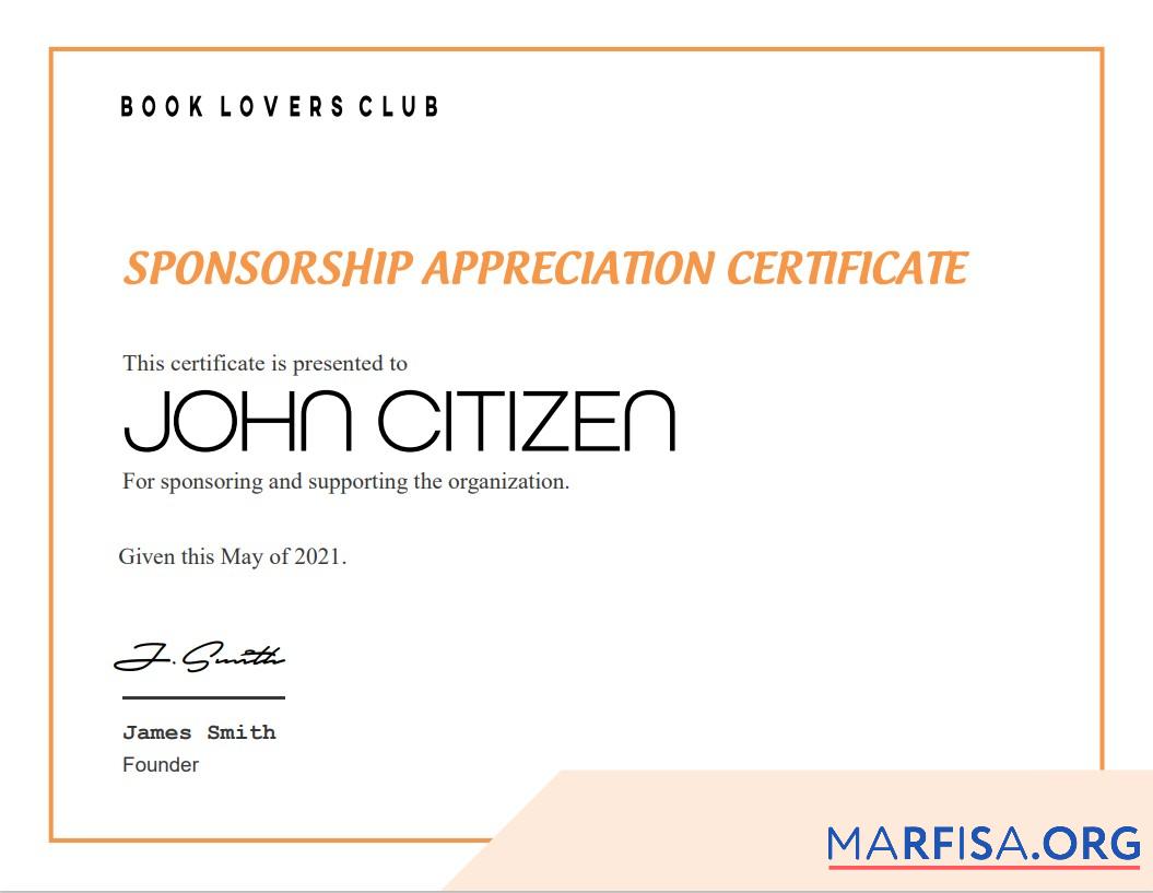 Realistic USA Sponsorship Appreciation certificate real example